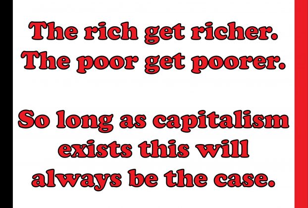 An image of text containing the words the rich get richer. the poor get poorer. So long as capitalism exists this will always be the case.